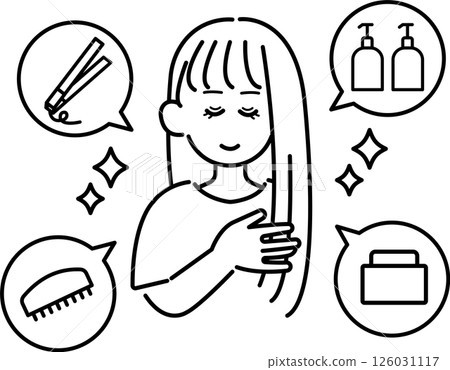 一位女士做頭髮護理的插圖（僅畫線） 126031117