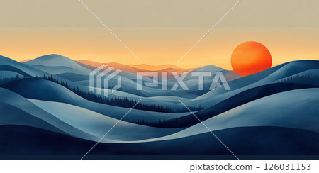 A soothing abstract landscape of layered shapes in earth tones and muted blues, resembling rolling hills at sunset, with a clean right side for text or logos 126031153