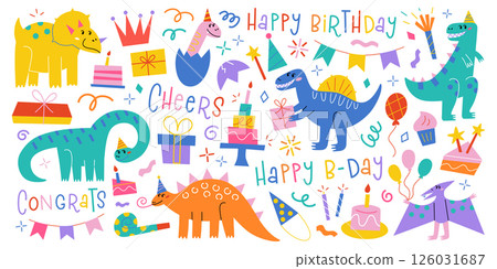Cartoon set with funny dinosaurs and birthday party elements. Diplodocus and triceratops iwith cake, balloons, gifts vector illustrations, decoration icons and cute Happy Birthday lettering collection 126031687