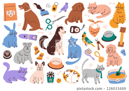 Flat cartoon collection of pets and items for pet home care. Dogs, cats and parrots with grooming tools and supplies. Daily hygiene, feeding, walking and playing accessories vector illustrations set Flat cartoon collection of pets and items for pet home care. Dogs, cats and parrots with grooming tools and supplies. Daily hygiene, feeding, walking and playing accessories vector illustrations set 126031689