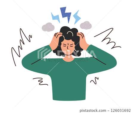 Flat cartoon illustration of tired stressed woman holding head in pain, frustration and anxiety concepts. Emotional health, inner peace vector illustration, mental balance, personal wellbeing Flat cartoon illustration of tired stressed woman holding head in pain, frustration and anxiety concepts. Emotional health, inner peace vector illustration, mental balance, personal wellbeing 126031692