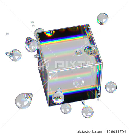 Metaball Liquid Transparent Iridescent Blobs With Rotating Cube. Metaball Liquid Transparent Iridescent Blobs With Rotating Cube. 126031704