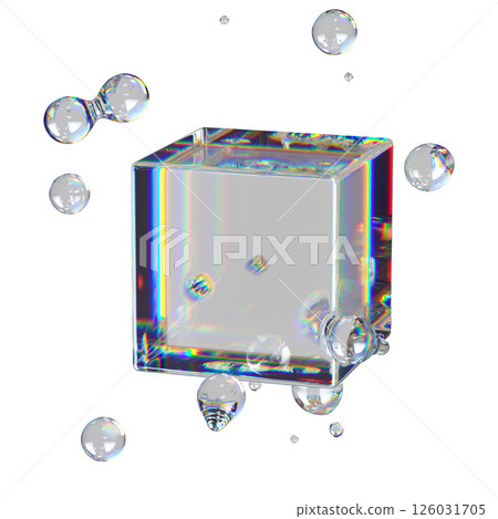 Metaball Liquid Transparent Iridescent Blobs With Rotating Cube. 126031705
