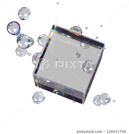 Metaball Liquid Transparent Iridescent Blobs With Rotating Cube. Metaball Liquid Transparent Iridescent Blobs With Rotating Cube. 126031706