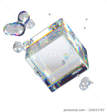 Metaball Liquid Transparent Iridescent Blobs With Rotating Cube. 126031707