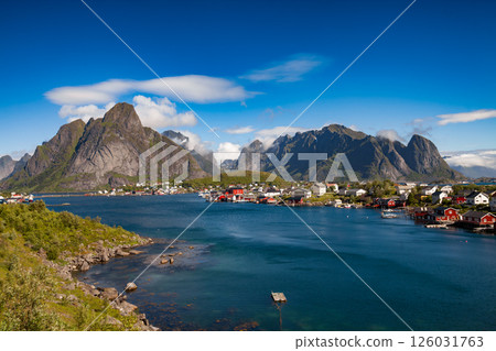 Amazing landscape town of Reine of the Lofoten Islands with blue sky , county of Nordland, Norway. 126031763