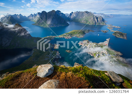 Amazing landscape of the Lofoten Islands from the top of Reinebringen Mountain. Amazing landscape of the Lofoten Islands from the top of Reinebringen Mountain. 126031764