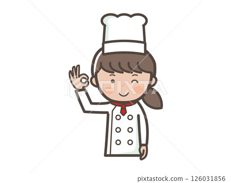 Illustration of a young female chef's upper body sending an OK sign 126031856