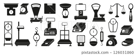 Black scales icons. Different type scale for weighing products and goods. Accessory for weight control and loss, measuring instruments neoteric vector set 126031860
