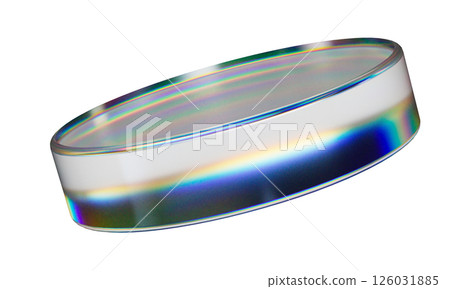 3d transparent glossy round disc with dispersion effect. Rainbow colors reflection glass. 126031885