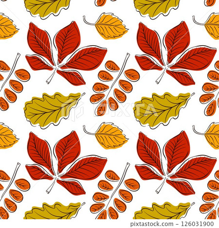 Autumn forest leaves seamless pattern in line art style. Fall season background design in flat style. Perfect for greeting, invitation, wrapping paper, textile. Autumn forest leaves seamless pattern in line art style. Fall season background design in flat style. Perfect for greeting, invitation, wrapping paper, textile. 126031900