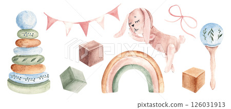 Baby girl Toy Set. Wooden cubes, Pyramid and Rattle with floral motives. Bunting pink Party Flags and plush Bunny. Watercolor Hand drawn Kids illustration in Vintage style isolated on white background 126031913