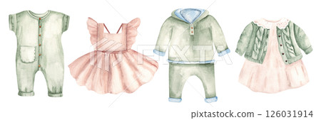 Baby Clothes Set for Boy and Girl. Dress with Cardigan, Bodysuit and Sweatshirt with pants in Boho style. Watercolor Hand drawn Kids illustration of in Vintage style isolated on white background 126031914