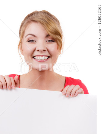 Woman with blank presentation board banner sign Woman with blank presentation board banner sign 126032163