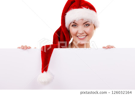 Woman with blank empty banner board. Christmas 126032164