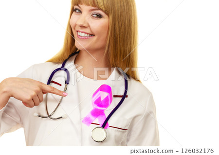 Woman doctor with pink ribbon aids symbol Woman doctor with pink ribbon aids symbol 126032176