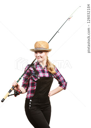 Happy woman in sun hat holding fishing rod 126032184
