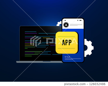 Mobile app development - coding processes, ui ux design elements and app testing phases. Mobile app development, application creation workflows. Flat design vector illustration 126032486