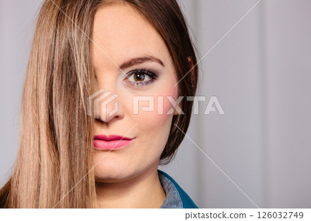 Portrait young woman face cover with hair. Portrait young woman face cover with hair. 126032749