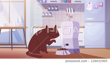 Pet feeders. Animal in interior background eating food from smart digital feeder exact vector cartoon background 126032905