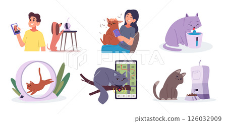 Pet devices. Smart gadgets for animal owners trackers cameras feeders exact vector pet care conceptual pictures set 126032909