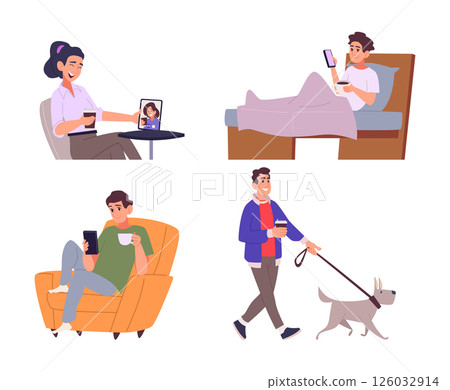 Coffee time. Poeple drinking hot liquid every day holding mug with tea or coffee exact vector people 126032914