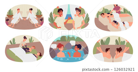 Couple in spa. Massage services for partners man and woman spend time in spa salon exact vector body therapy concept illustrations Couple in spa. Massage services for partners man and woman spend time in spa salon exact vector body therapy concept illustrations 126032921