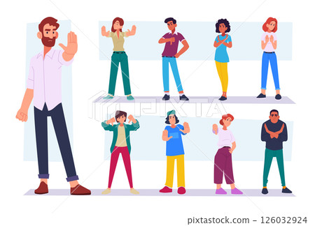 Negative gestures. Emotional persons using hands gestures exact vector rejection signs 126032924
