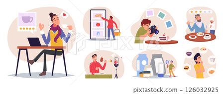 People food. Drinks and food culinary experts of cuisine products persons testing food and drinks exact vector concept pictures set in cartoon style 126032925