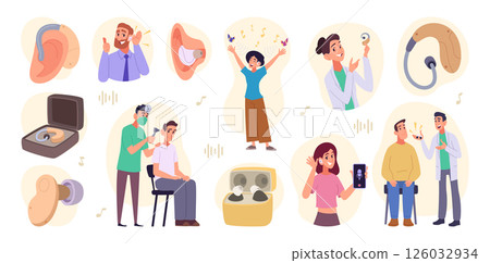 Hearing aid. Medical problems with ear of deaf persons exact healthcare concept illustrations deaf people social connection 126032934
