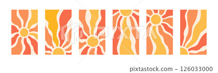 Yellow sun rays backgrounds set. Wavy rays in groovy style. Abstract sun burst poster. Psychedelic texture. 70s, 80s design. Radial wave lines. Vector illustration isolated on white background 126033000