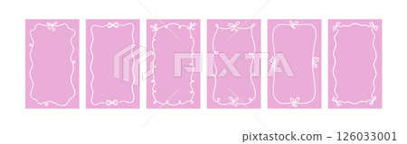 Ribbon bow doodle frame. Hand drawn vintage bow border. Doodle line wedding invite. Cute hand drawn rectangle frame. Decorative pink valentine card. Vector illustration isolated on white background 126033001