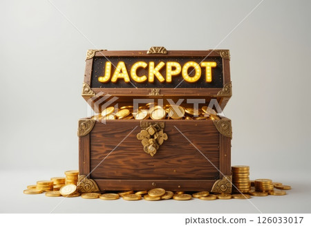 Wooden chest and gold coins under a bright jackpot sign. Wooden chest and gold coins under a bright jackpot sign. 126033017