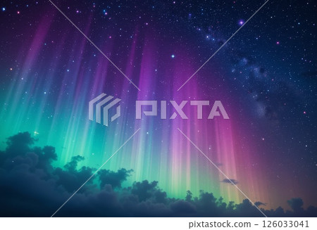 Beautiful starry night sky, colorful galaxy and aurora. Colorful space background with stars. 126033041