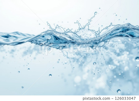 Transparent clear water texture on white background with ripples, splash and bubbles. 126033047