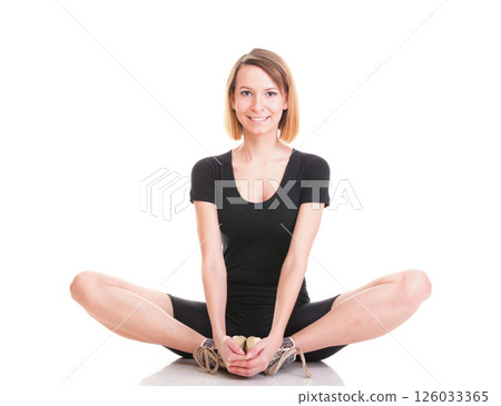 Sport Young woman doing exercise isolated on white 126033365