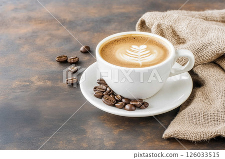 Vintage Coffee Cup with Beautiful Latte Art and Fresh Coffee Beans on Rustic Table Vintage Coffee Cup with Beautiful Latte Art and Fresh Coffee Beans on Rustic Table 126033515