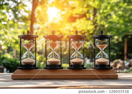Hourglass Running Through Bulbs Measuring Time in a Beautiful Natural Setting at Sunset Hourglass Running Through Bulbs Measuring Time in a Beautiful Natural Setting at Sunset 126033538