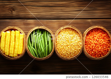 Colorful Vegan Meal with Fresh Vegetables and Grains in Woven Baskets on Wooden Background 126033546