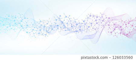 Colorful molecules background with DNA helix, DNA strand, DNA Test. Molecule or atom, neurons. Abstract structure for science, healthcare or medical background, banner. Scientific vector illustration 126033560