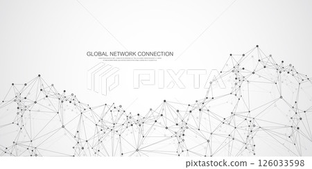 Global network connection idea template. Abstract tech network connection dots. Digital technology and big data analysis background with plexus lines. Geometric background with abstract mesh 126033598