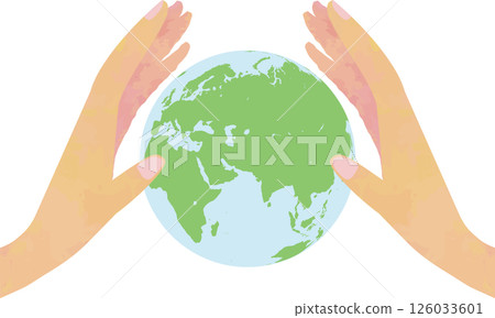 Illustration of hands gently holding the earth and the globe of Eurasia, Africa, and the Indian Ocean 126033601