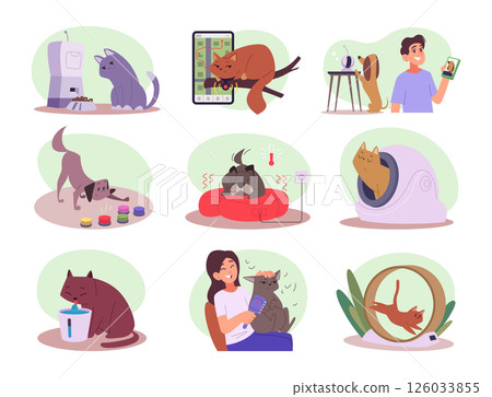 Pet care. Smart technology items for domestic animals automatic feeders digital trackers for cat and dogs cameras exact vector collection in cartoon style 126033855