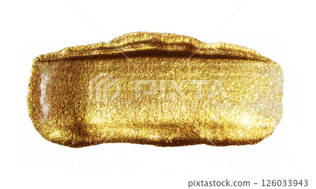 Golden hand drawn smear stain. Acrylic texture with paper effect. Gold brush stroke. Design element. 126033943