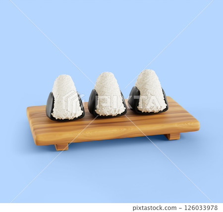3d onigiri on wooden stand tamaki dai. Japanese cuisine dish from rice and nori in triangle shape. Japan breakfast food, asian snack with tuna for restaurant menu, cartoon render icon. 3D illustration 3d onigiri on wooden stand tamaki dai. Japanese cuisine dish from rice and nori in triangle shape. Japan breakfast food, asian snack with tuna for restaurant menu, cartoon render icon. 3D illustration 126033978