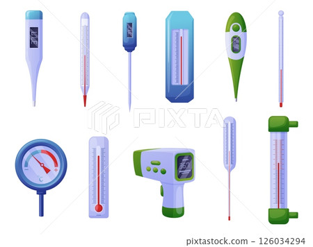 Thermometers types. Isolated thermometer for medicine, industrial, cooking. Plastic and glass, digital, infrared, electric equipment, nowaday vector set Thermometers types. Isolated thermometer for medicine, industrial, cooking. Plastic and glass, digital, infrared, electric equipment, nowaday vector set 126034294