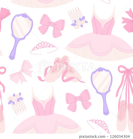 Ballet seamless pattern. Pink pointe shoes with ribbon, dress, bow, princess crown and hair pin. Fabric, wrapping print template, racy vector background 126034304