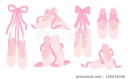 Pointe shoes. Ballet dancers shoe in different rotation. Girl pink slippers with silk ribbons. Dance symbols hang on ribbon, footwear for dancing racy vector set 126034306