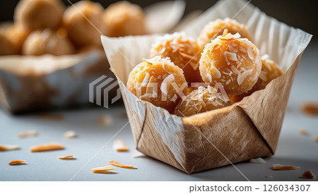 A beautifully presented dessert featuring round, coconut-coated balls placed in a rustic, biodegradable cup. 126034307