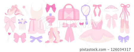 Cartoon ballet elements. Pink girly dance studio accessories. Dress, tutu, bows and hair clips, pointe shoes, perfume and bag, racy vector clipart 126034317
